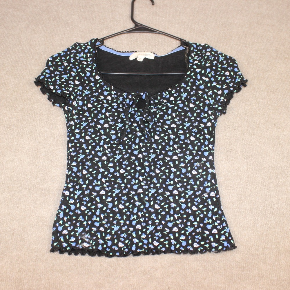 Rewind Womens Black Floral Ribbed Knit Top Crochet Trim Lettuce Edge Small